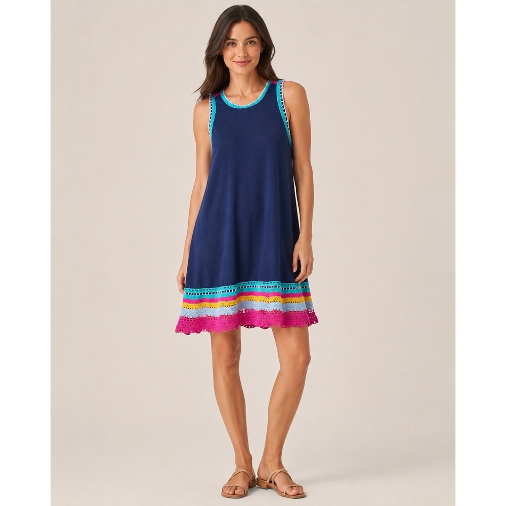 Anthropologie Akemi + Kin Crochet Trim Swing Dress Navy Rainbow XS